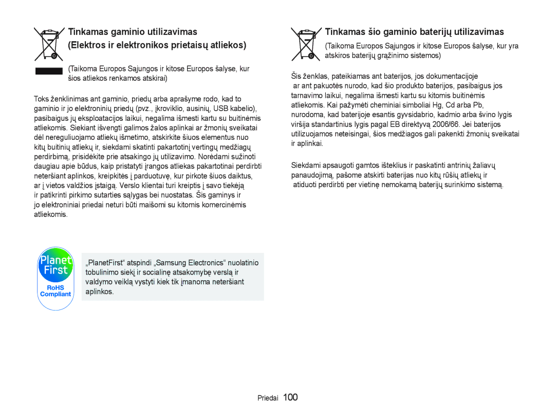 Samsung EC-PL20ZZBPBE2 Tinkamas šio gaminio baterijǐ utilizavimas, 7DLNRPDXURSRV6ąMXQJRVLUNLWRVHXURSRVãDO\VHNXU 