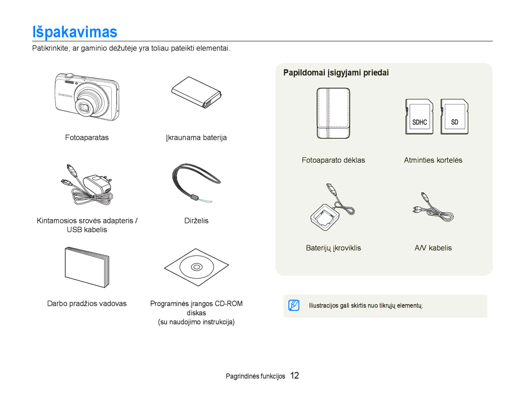 Samsung EC-PL20ZZBPBE2, EC-PL20ZZBPSE2 Išpakavimas, Papildomai Ƴsigyjami priedai, RwrdsdudwdvʋnudxqdpdEdwhulmd, Glvndv 