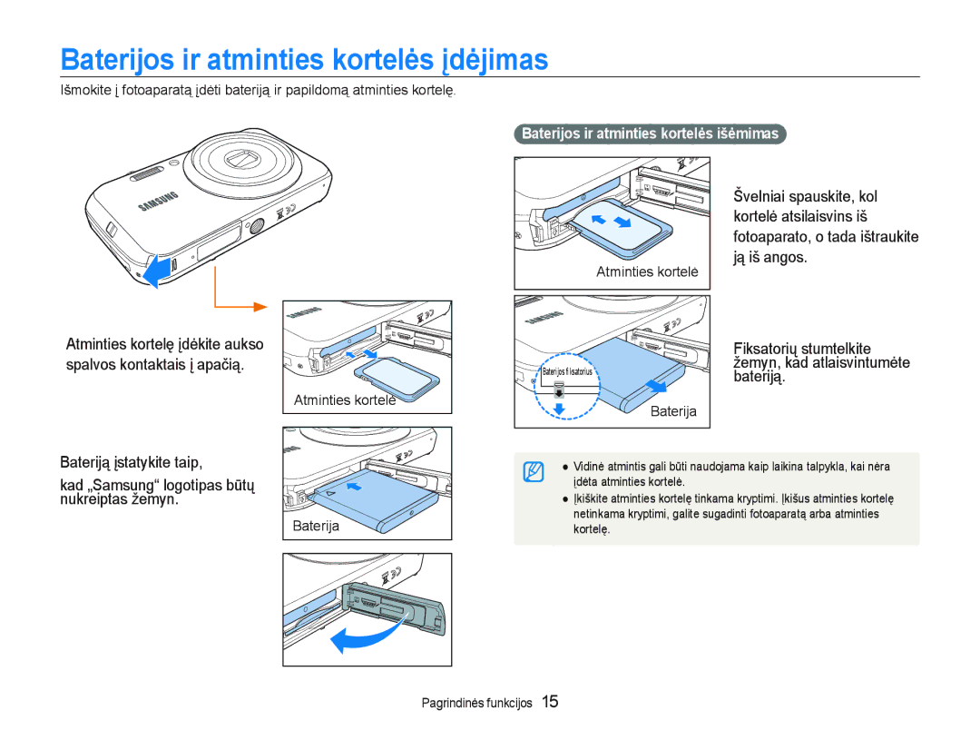 Samsung EC-PL20ZZBPSE2 manual Baterijos ir atminties kortelơs Ƴdơjimas, MąLãDQJRV, LNVDWRULǐVWXPWHONLWH,  %Dwhulmd 