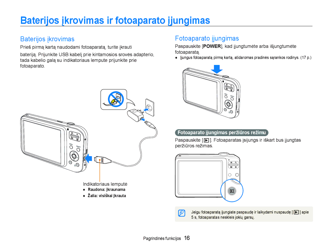 Samsung EC-PL20ZZBPBE2 manual Baterijos Ƴkrovimas ir fotoaparato Ƴjungimas, DwhulmrvƳnurylpdv, RwrdsdudwrƳmxqjlpdv 