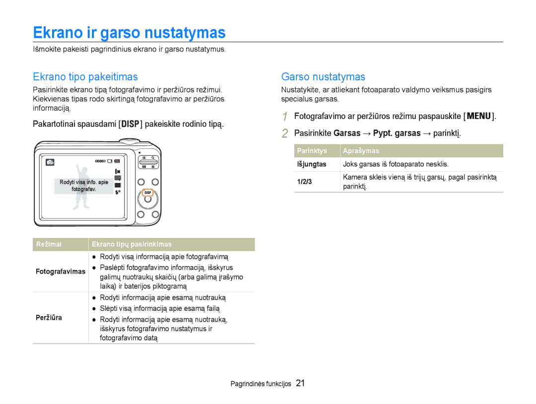 Samsung EC-PL20ZZBPSE2 manual Ekrano ir garso nustatymas, NudqrWlsrSdnhlwlpdv, DuvrQxvwdw\Pdv, IRWRJUDIDYLPRGDWą 