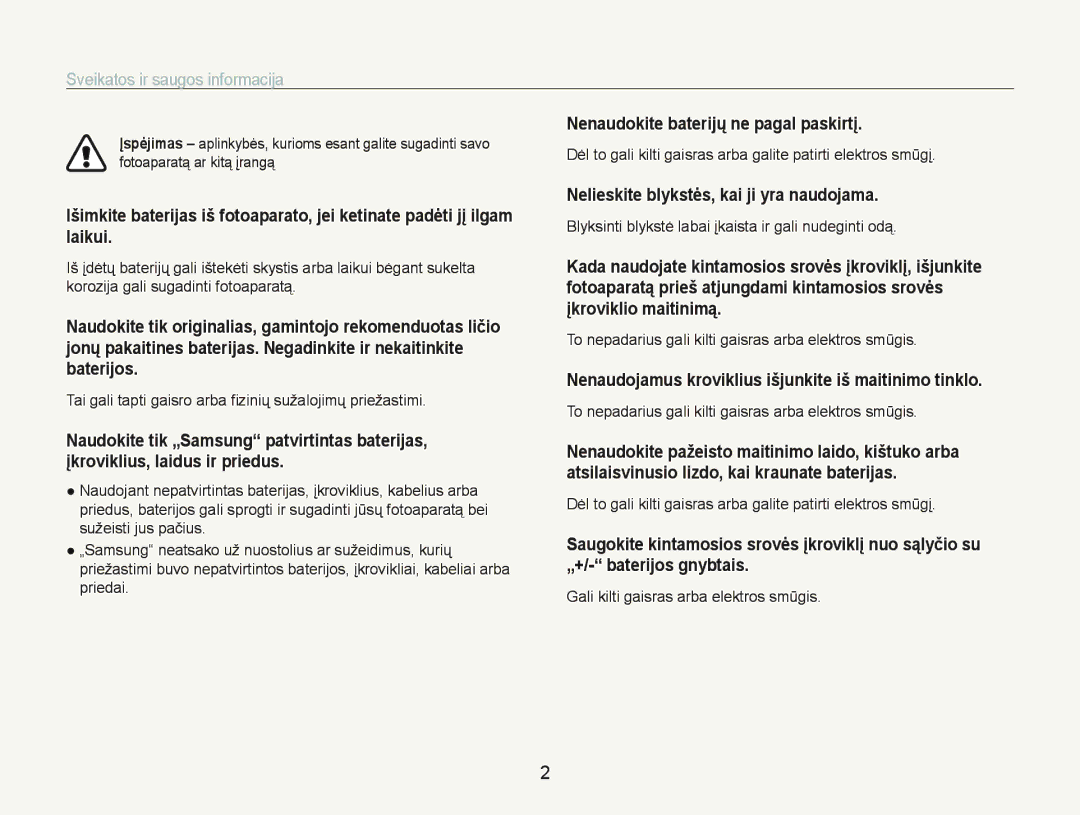 Samsung EC-PL20ZZBPBE2 manual Nenaudokite baterijǐ ne pagal paskirtƳ, Nelieskite blykstơs, kai ji yra naudojama, Sulhgdl 