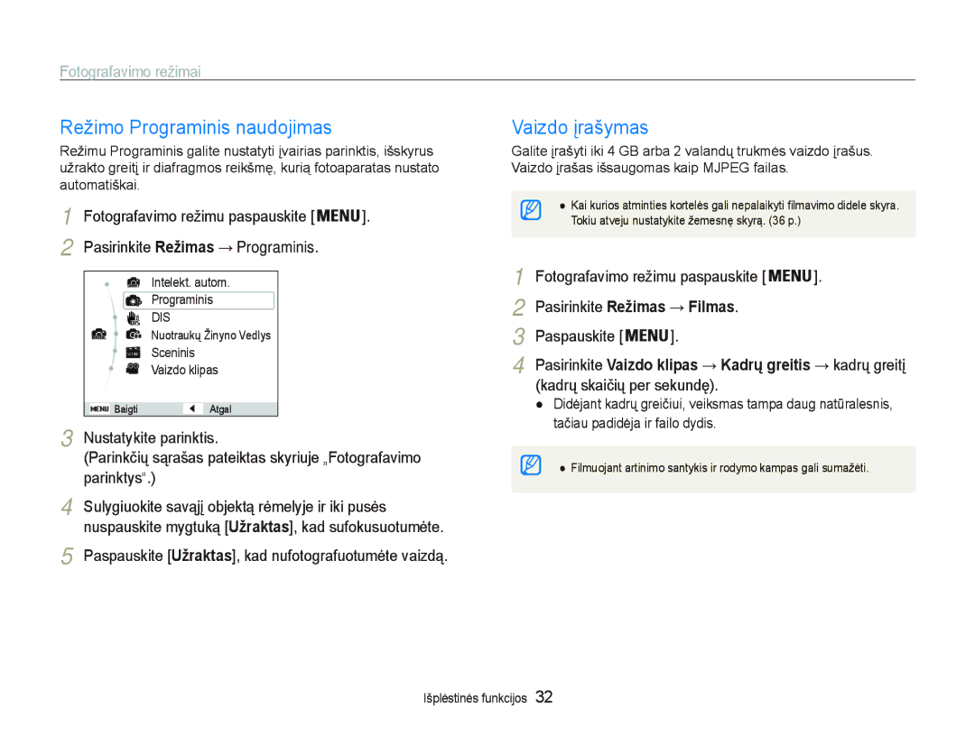 Samsung EC-PL20ZZBPBE2 5HåLPR3URJUDPLQLVQDXGRMLPDV, 9DLGRƳUDã\PDV, 3DVSDXVNLWHUžraktas@NDGQXIRWRJUDIXRWXPơWHYDLGą 