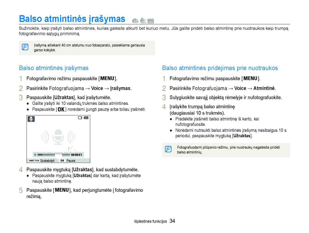 Samsung EC-PL20ZZBPBE2, EC-PL20ZZBPSE2 manual Balso atmintinơs Ƴrašymas, GDXJLDXVLDLVWUXNPơV, UHåLPą 