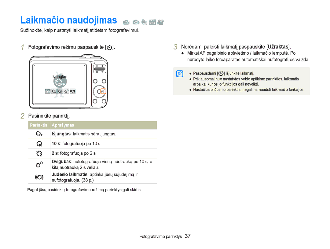 Samsung EC-PL20ZZBPSE2 manual Laikmačio naudojimas, 3DVLULQNLWHSDULQNWƳ, Judesio laikmatisDSWLQNDMǌVǐVXMXGơMLPąLU 