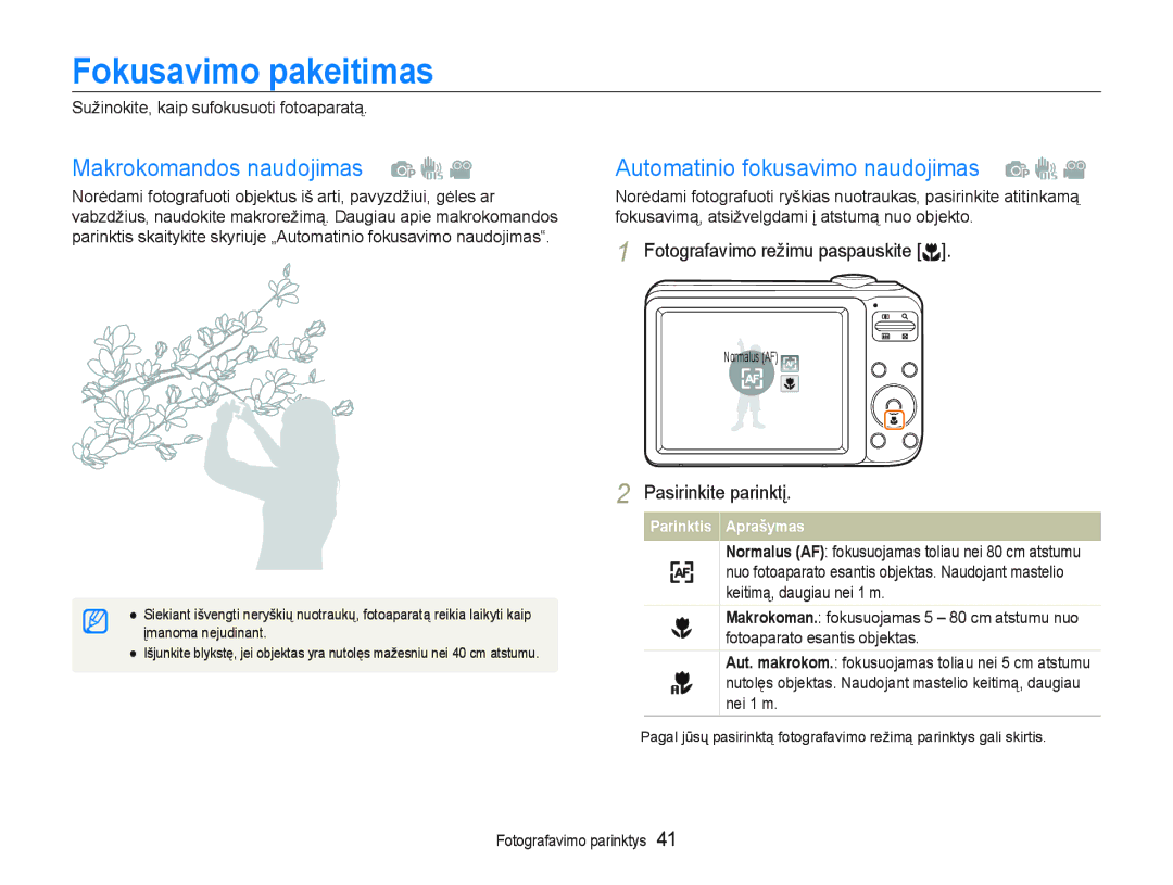 Samsung EC-PL20ZZBPSE2, EC-PL20ZZBPBE2 Fokusavimo pakeitimas, 0DNURNRPDQGRVQDXGRMLPDV  , IrwrdsdudwrHvdqwlvRemhnwdv 