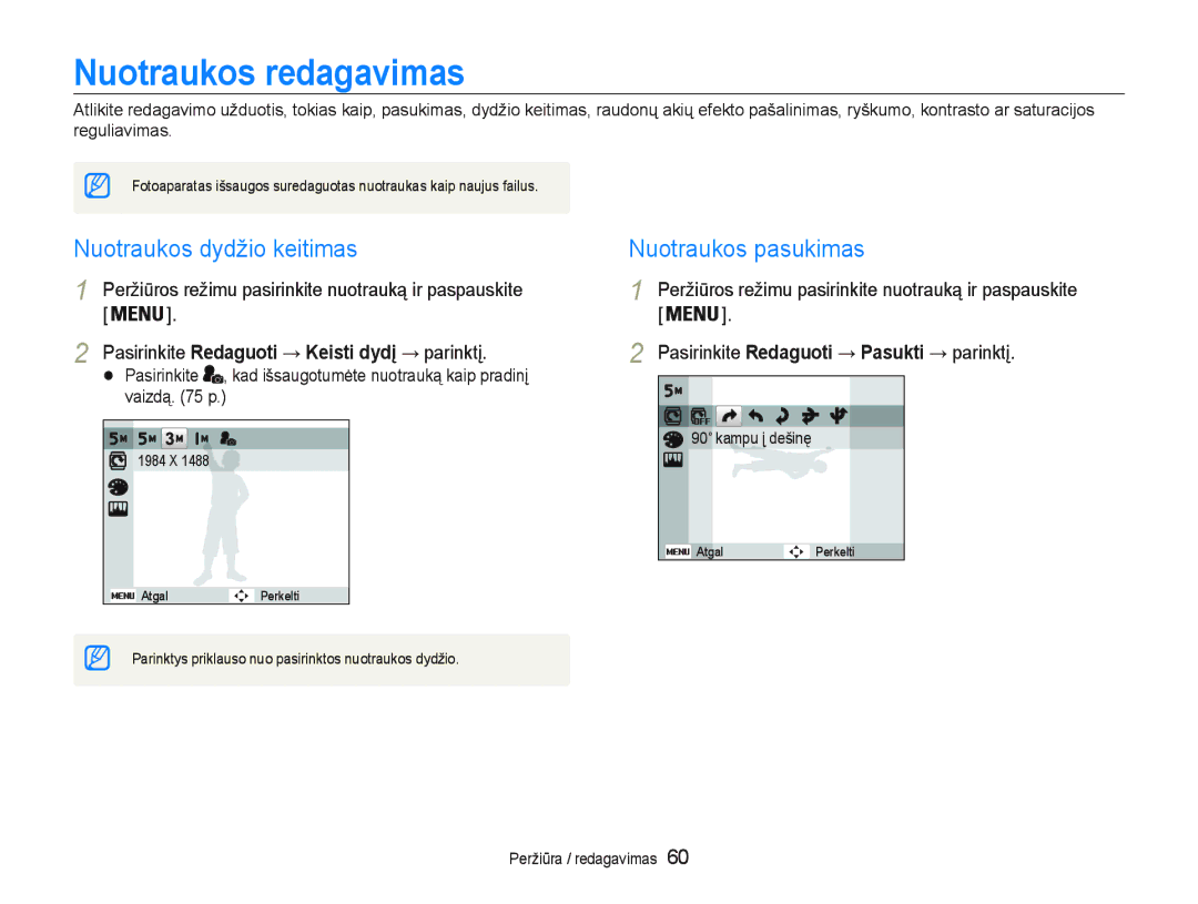 Samsung EC-PL20ZZBPBE2 Nuotraukos redagavimas, 1XRWUDXNRVG\GåLRNHLWLPDV, 3DVLULQNLWHRedaguoti Pasukti SDULQNWƳ 