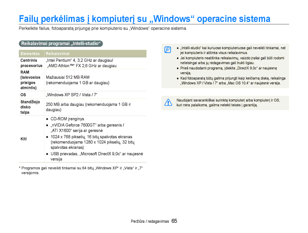 Samsung EC-PL20ZZBPSE2, EC-PL20ZZBPBE2 manual Reikalavimai programai „Intellistudio 