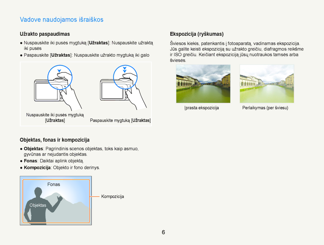 Samsung EC-PL20ZZBPBE2 manual 9DGRYHQDXGRMDPRVLãUDLãNRV, Užrakto paspaudimas, Objektas, fonas ir kompozicija, Užraktas 