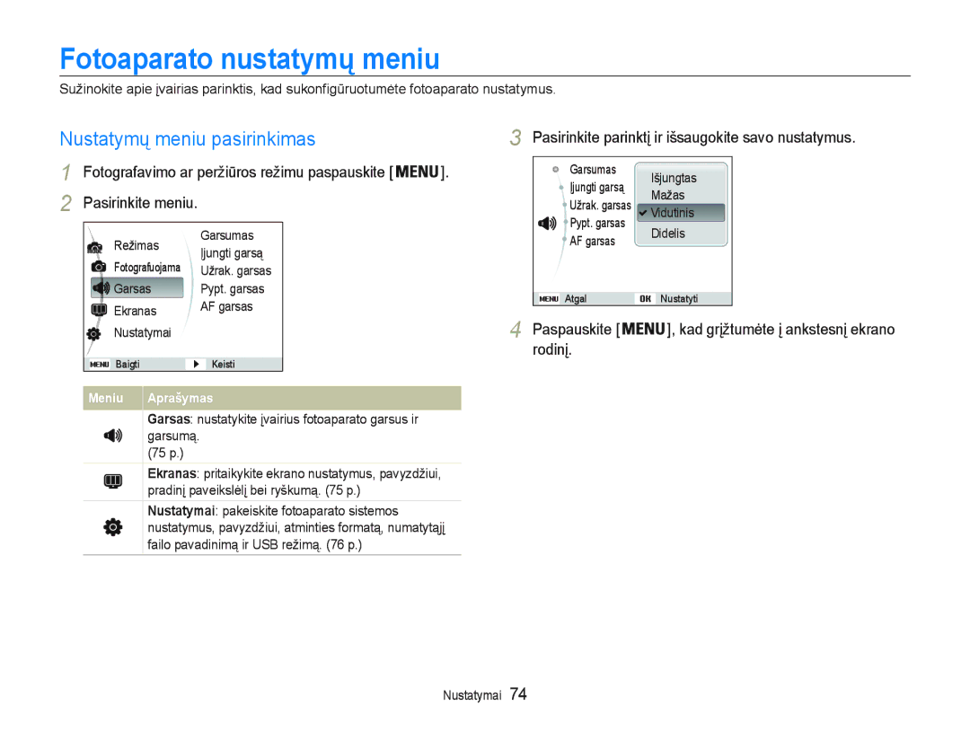 Samsung EC-PL20ZZBPBE2 Fotoaparato nustatymǐ meniu, 1XVWDW\PǐPHQLXSDVLULQNLPDV, 3DVLULQNLWHPHQLX, Urglqƴ, S 