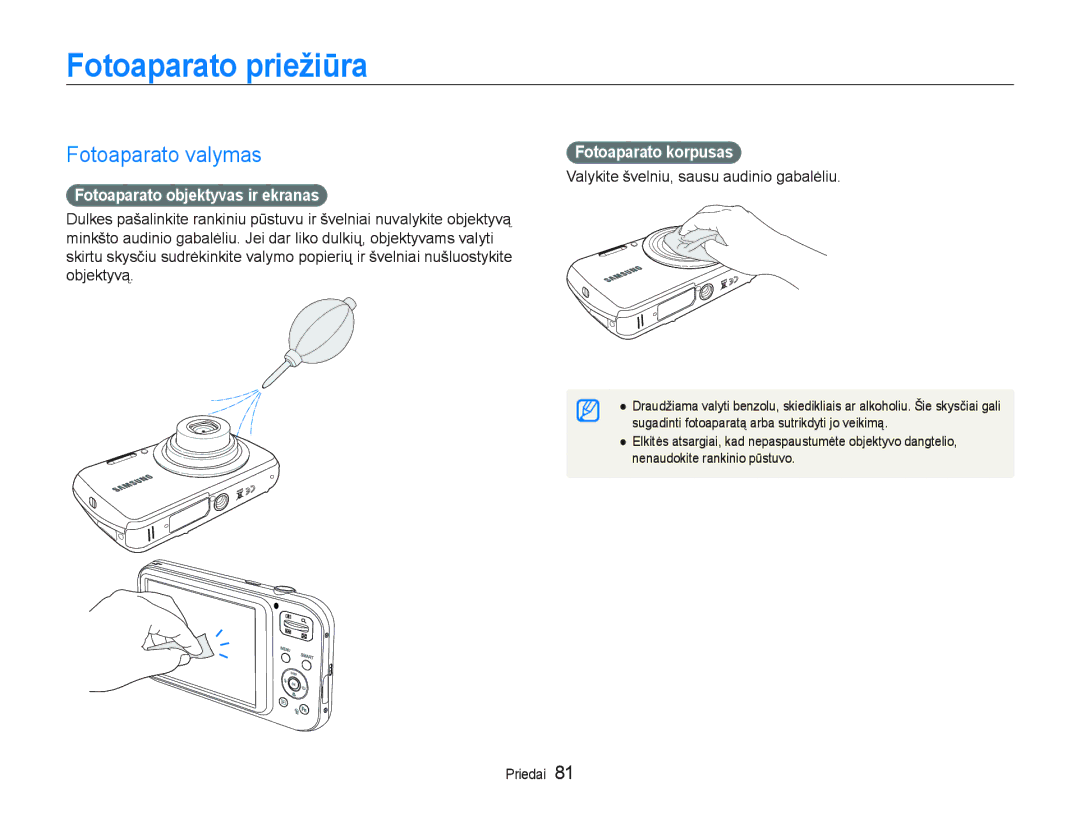 Samsung EC-PL20ZZBPSE2 manual Fotoaparato priežiǌra, 9DO\NLWHãYHOQLXVDXVXDXGLQLRJDEDOơOLX, Fotoaparato korpusas 