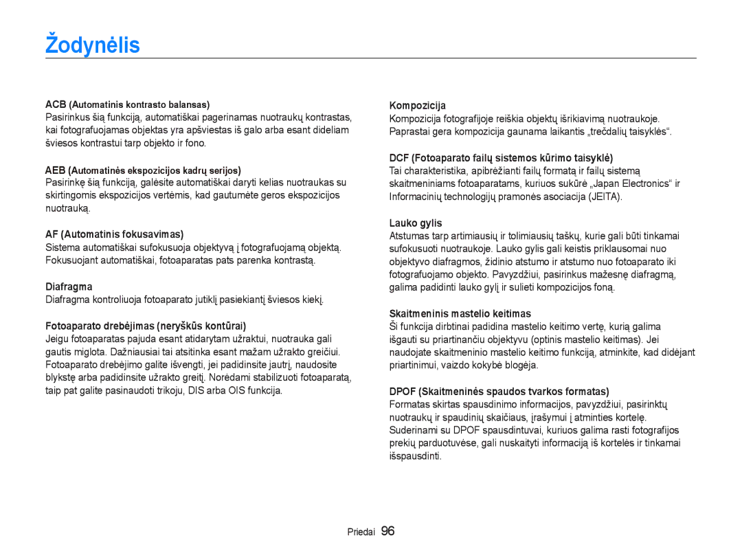 Samsung EC-PL20ZZBPBE2, EC-PL20ZZBPSE2 manual Žodynơlis, Diafragma, Fotoaparato drebơjimas neryškǌs kontǌrai, Kompozicija 