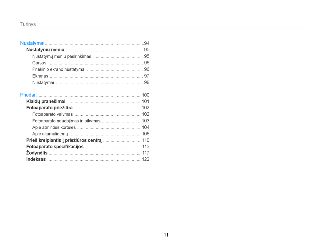 Samsung EC-PL20ZZBPBE2, EC-PL20ZZBPSE2, EC-PL210ZBPBE2, EC-PL120ZFPBE2, EC-PL120ZBPBE2 manual Nustatymų meniu pasirinkimas 