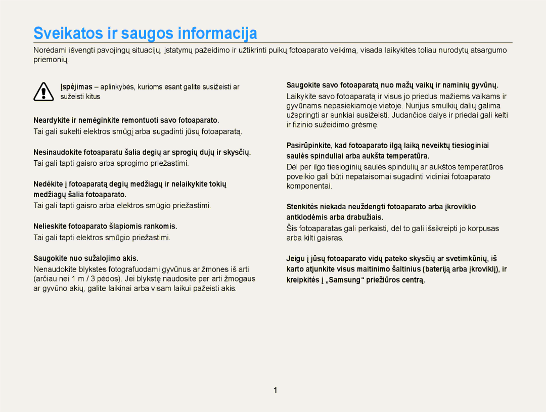 Samsung EC-PL20ZZBPBE2 manual Sveikatos ir saugos informacija, Neardykite ir nemėginkite remontuoti savo fotoaparato 