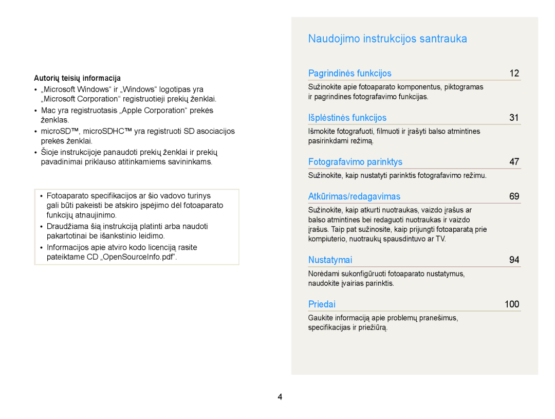 Samsung EC-PL20ZZBPSE2, EC-PL210ZBPBE2 Naudojimo instrukcijos santrauka, Autorių teisių informacija, Pasirinkdami režimą 