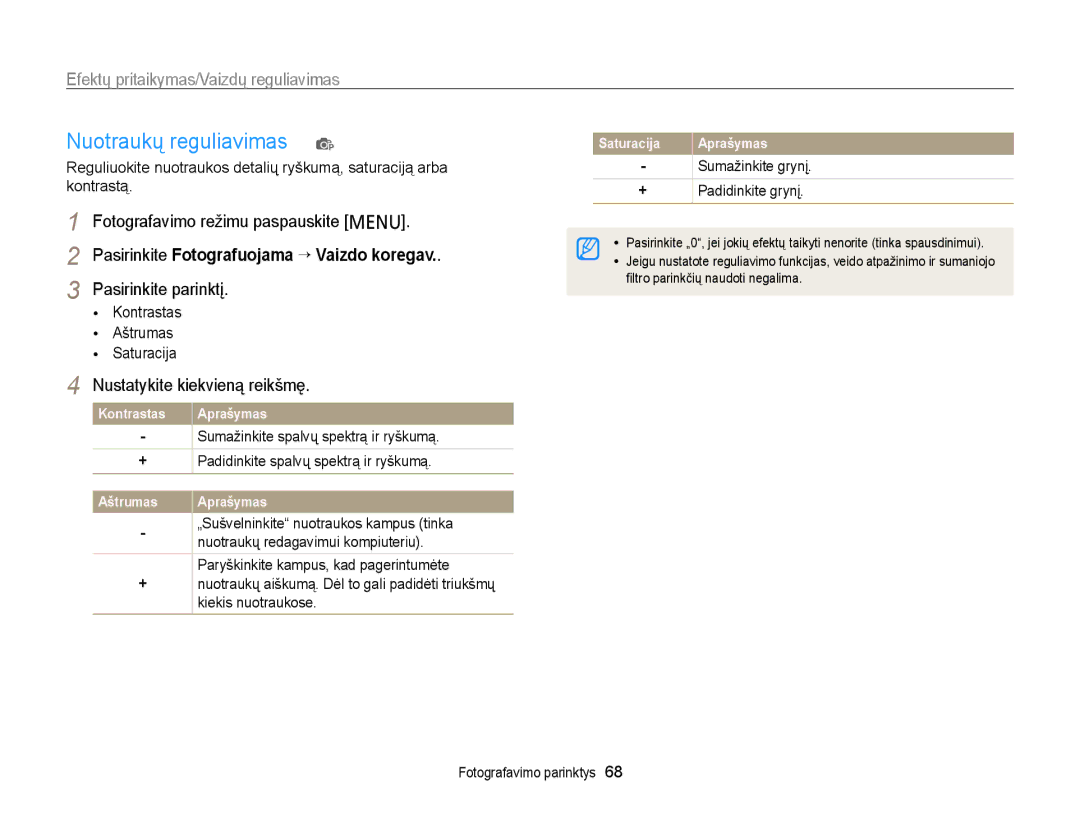 Samsung EC-PL120ZBPBE2, EC-PL20ZZBPSE2 manual Nuotraukų reguliavimas p, Pasirinkite Fotografuojama “ Vaizdo koregav 