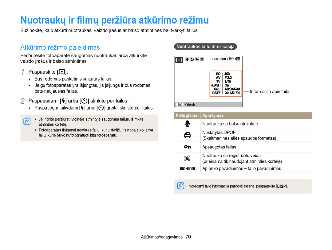 Samsung EC-PL210ZBPBE2 manual Nuotraukų ir ﬁlmų peržiūra atkūrimo režimu, Atkūrimo režimo paleidimas, Paspauskite P 