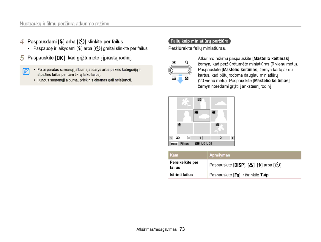 Samsung EC-PL120ZBPBE2, EC-PL20ZZBPSE2 manual Paspauskite o, kad grįžtumėte į įprastą rodinį, Failų kaip miniatiūrų peržiūra 