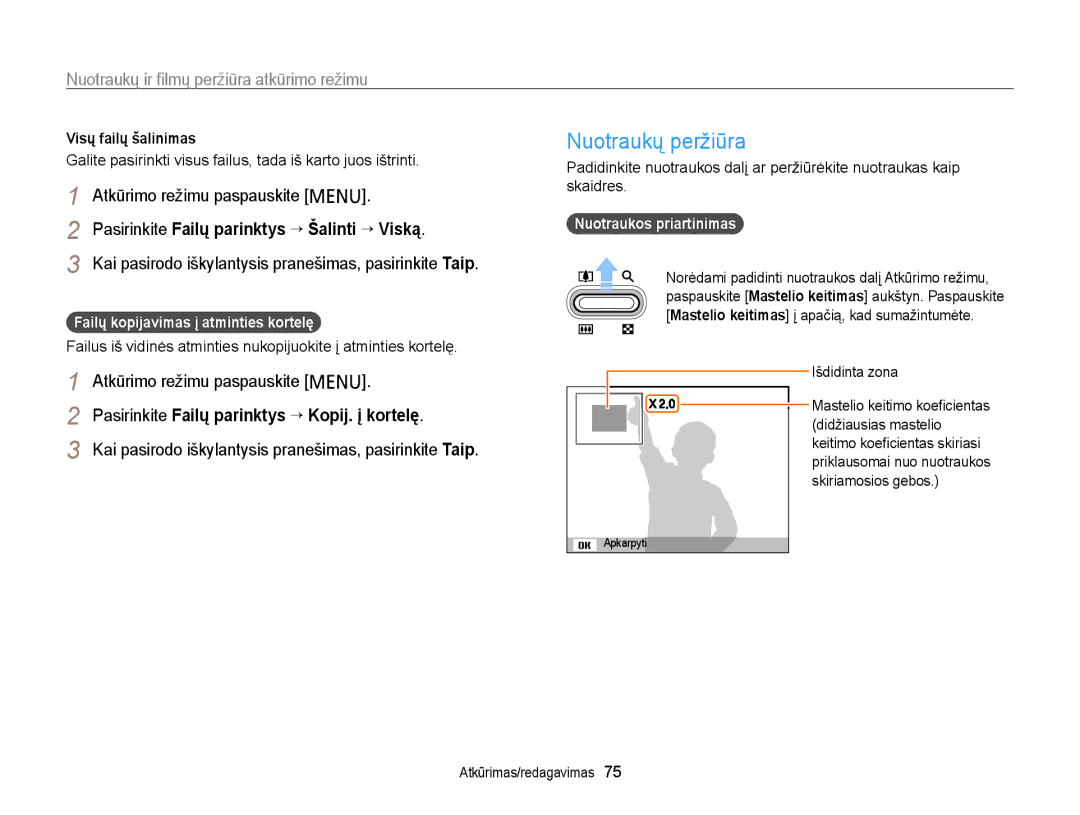 Samsung EC-PL210ZBPBE2 manual Nuotraukų peržiūra, Pasirinkite Failų parinktys “ Šalinti “ Viską, Nuotraukos priartinimas 