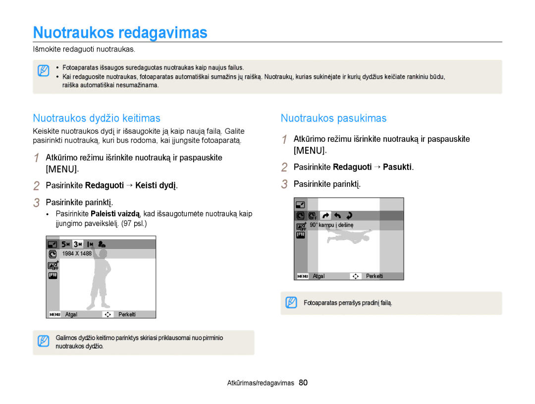 Samsung EC-PL210ZBPBE2, EC-PL20ZZBPSE2 manual Nuotraukos redagavimas, Nuotraukos dydžio keitimas, Nuotraukos pasukimas 