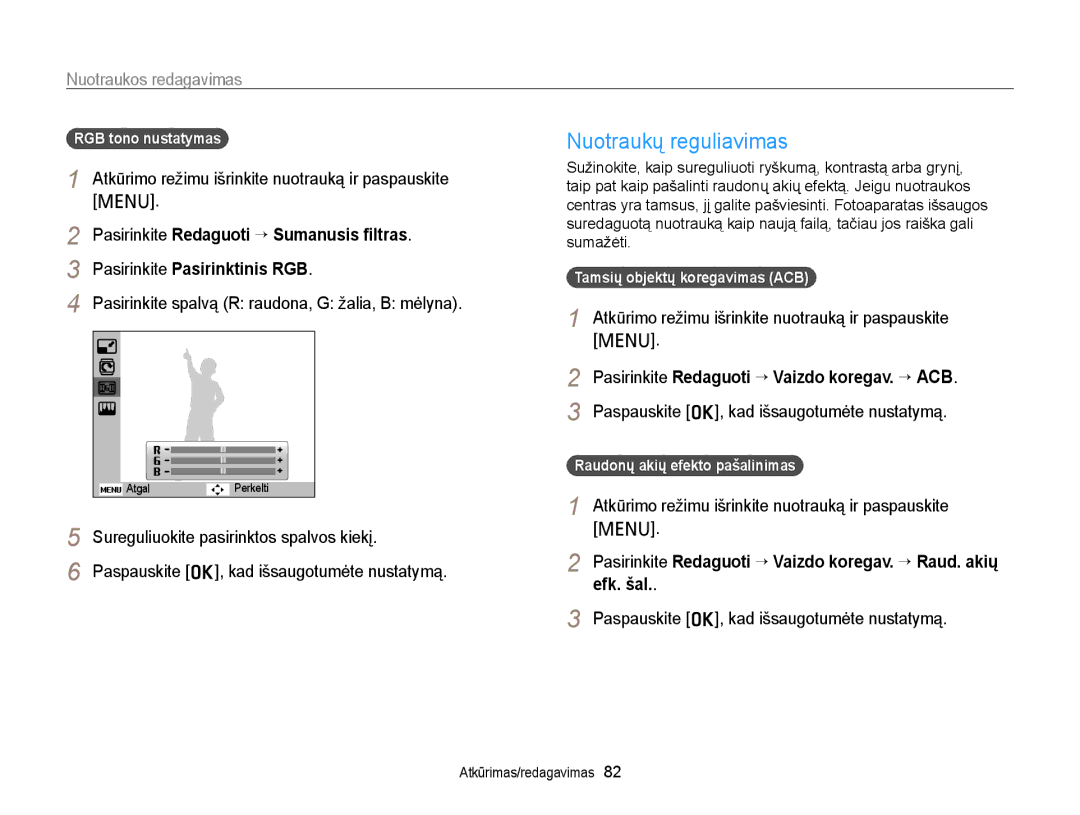 Samsung EC-PL120ZFPBE2 Nuotraukų reguliavimas, Sureguliuokite pasirinktos spalvos kiekį, Tamsių objektų koregavimas ACB 