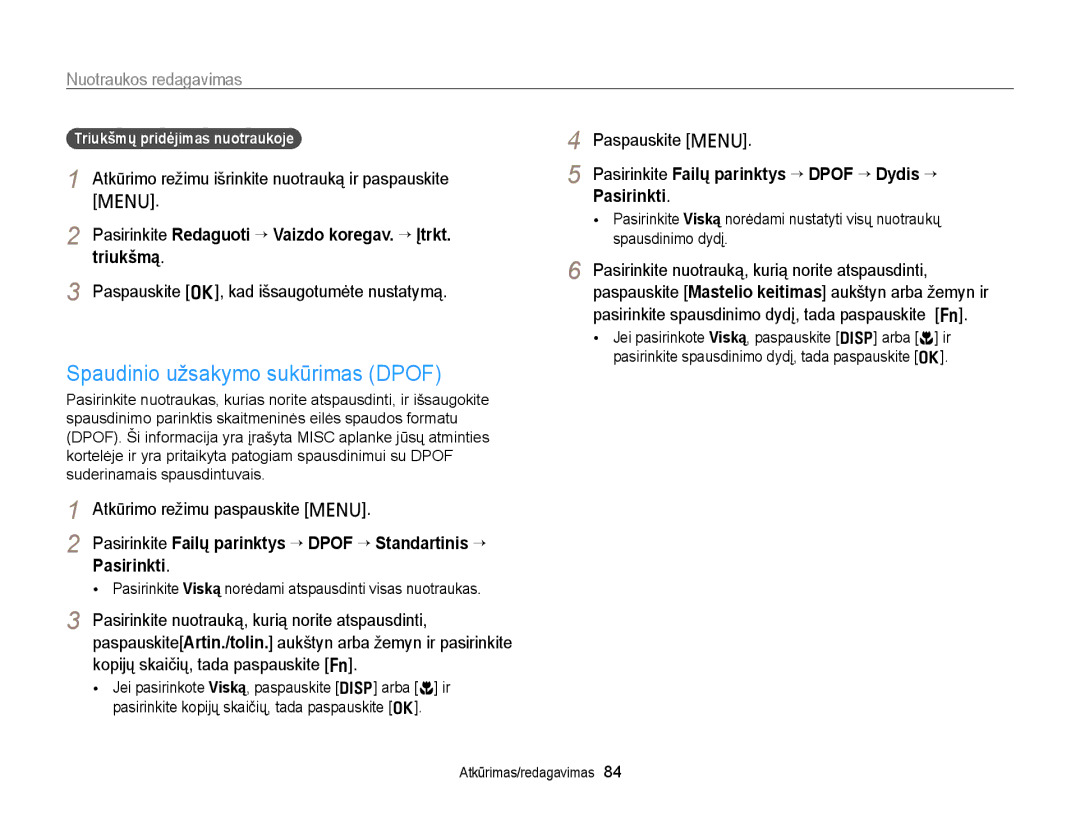 Samsung EC-PL20ZZBPSE2 manual Spaudinio užsakymo sukūrimas Dpof, Pasirinkite Redaguoti “ Vaizdo koregav. “ Įtrkt. triukšmą 