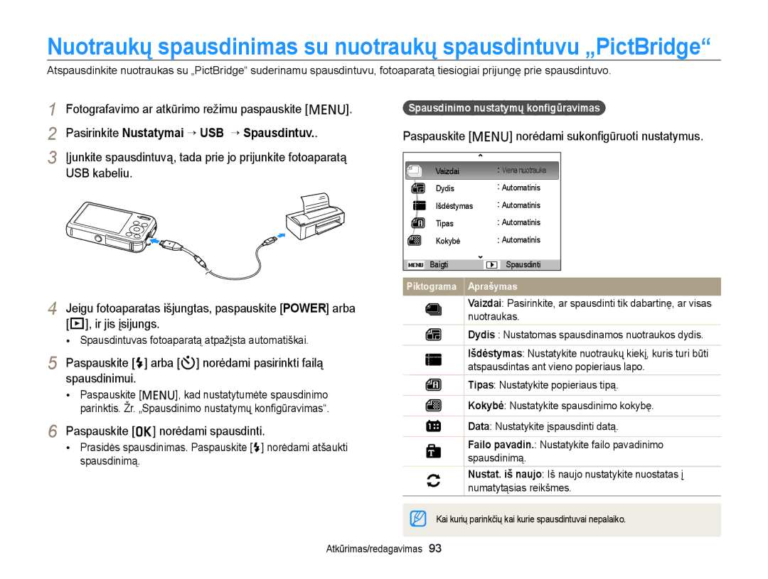 Samsung EC-PL120ZBPBE2, EC-PL20ZZBPSE2 manual Paspauskite m norėdami sukonﬁgūruoti nustatymus, Ir jis įsijungs, Spausdinimui 