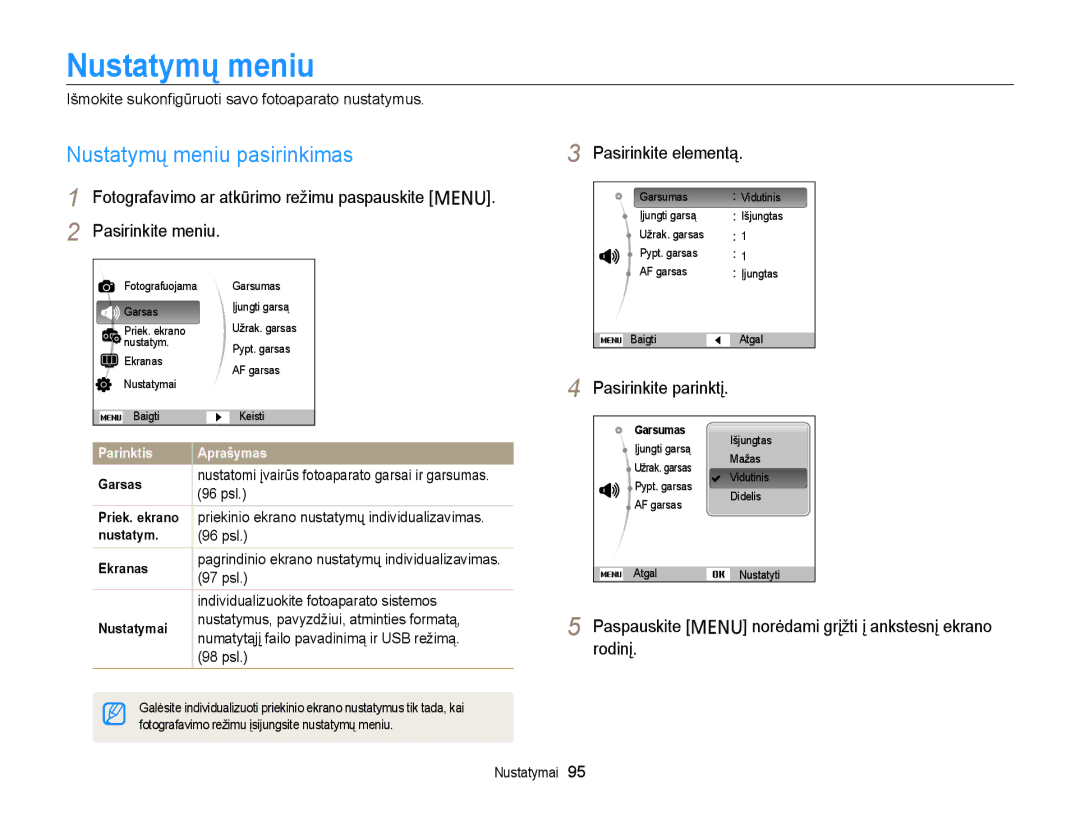 Samsung EC-PL210ZBPBE2, EC-PL20ZZBPSE2, EC-PL20ZZBPBE2 manual Nustatymų meniu pasirinkimas, Pasirinkite elementą, 96 psl 