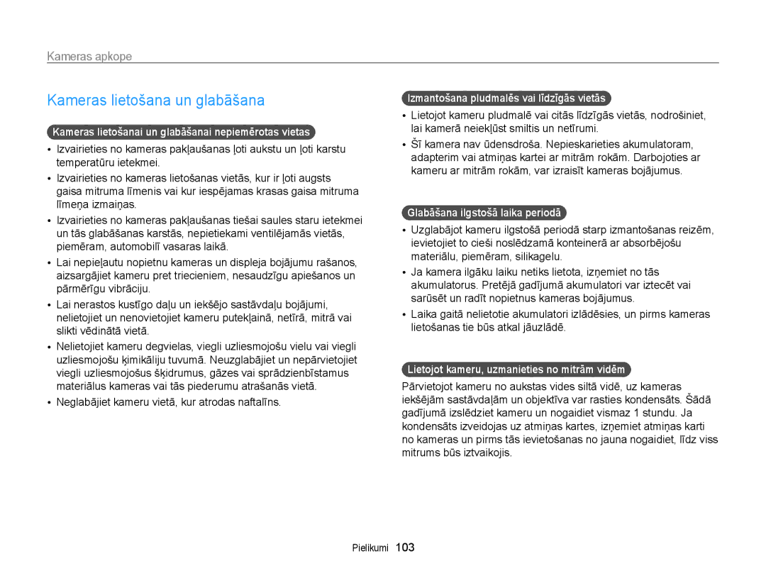 Samsung EC-PL120ZBPBE2, EC-PL20ZZBPSE2, EC-PL210ZBPBE2, EC-PL20ZZBPBE2 manual Kameras lietošana un glabāšana, Kameras apkope 