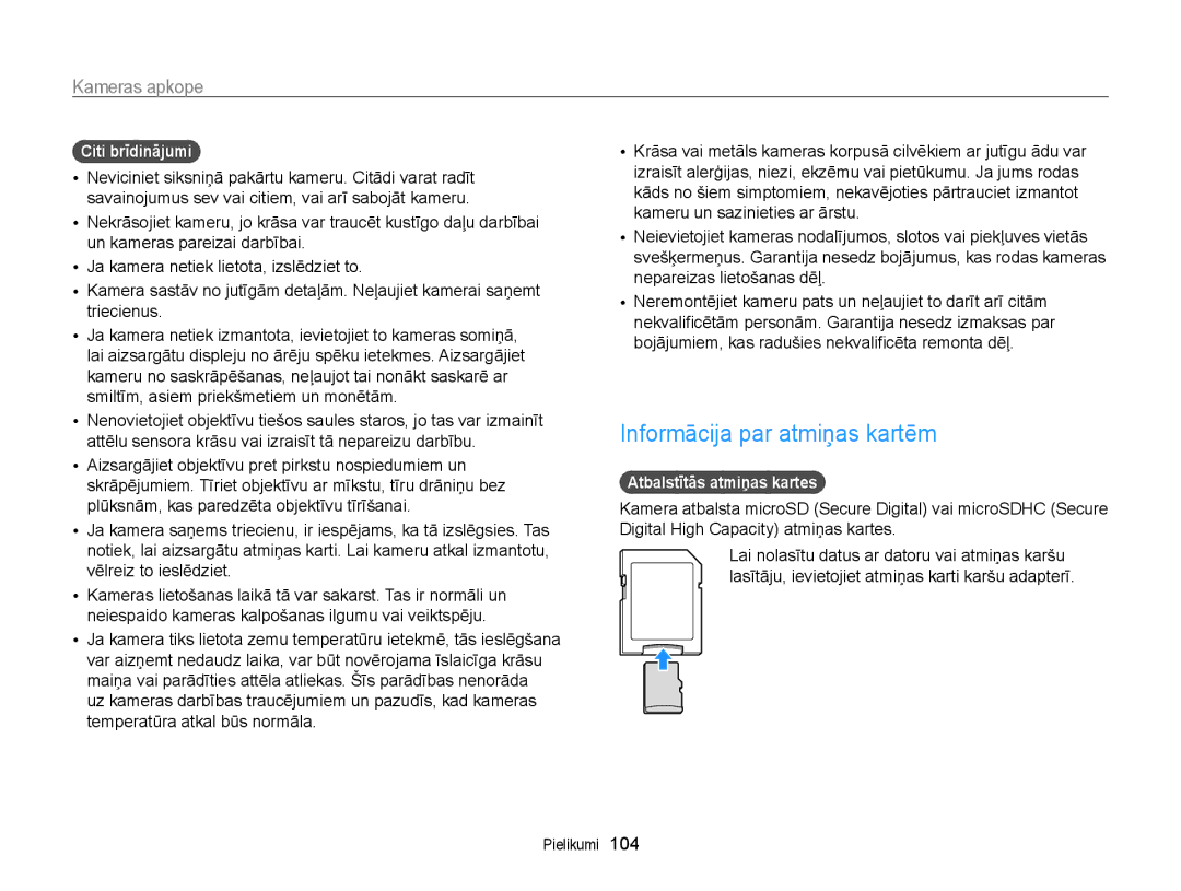 Samsung EC-PL20ZZBPSE2, EC-PL210ZBPBE2 manual Informācija par atmiņas kartēm, Citi brīdinājumi, Atbalstītās atmiņas kartes 