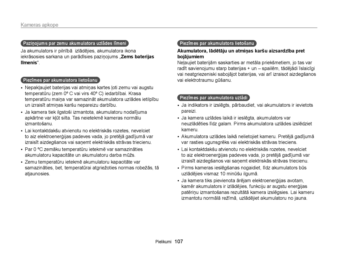 Samsung EC-PL120ZFPBE2 manual Paziņojums par zemu akumulatora uzlādes līmeni, Līmenis, Piezīmes par akumulatora lietošanu 