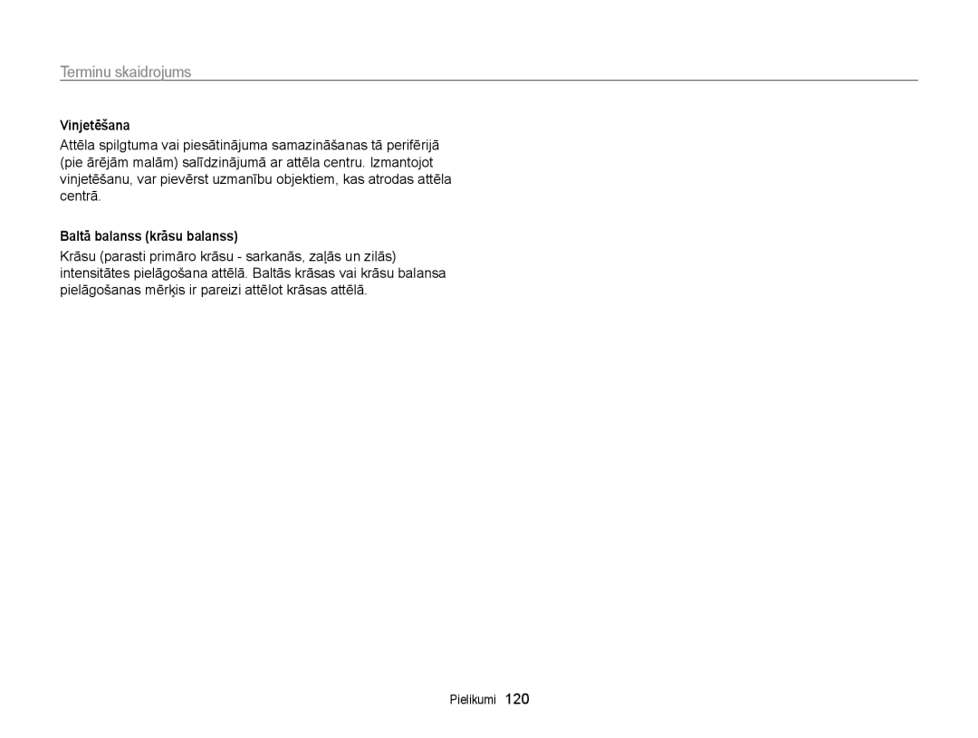 Samsung EC-PL210ZBPBE2, EC-PL20ZZBPSE2, EC-PL20ZZBPBE2, EC-PL120ZFPBE2 manual Vinjetēšana, Baltā balanss krāsu balanss 