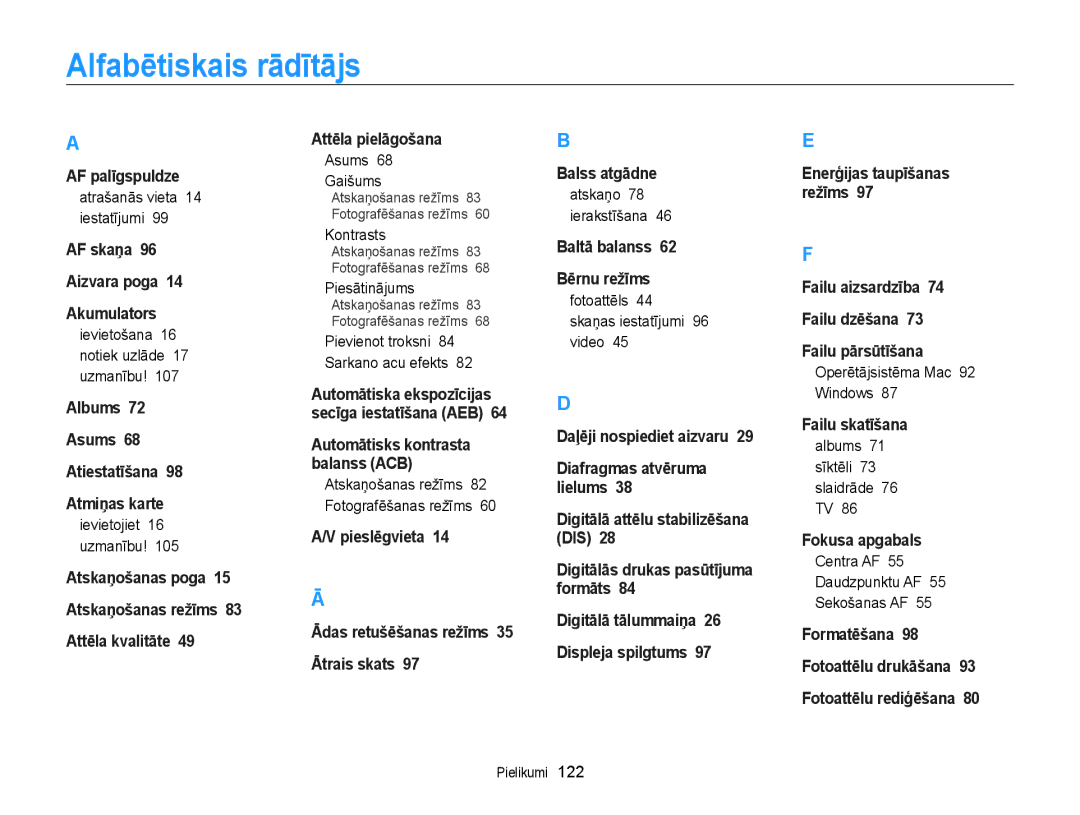 Samsung EC-PL120ZFPBE2, EC-PL20ZZBPSE2, EC-PL210ZBPBE2, EC-PL20ZZBPBE2, EC-PL120ZBPBE2 manual Alfabētiskais rādītājs 