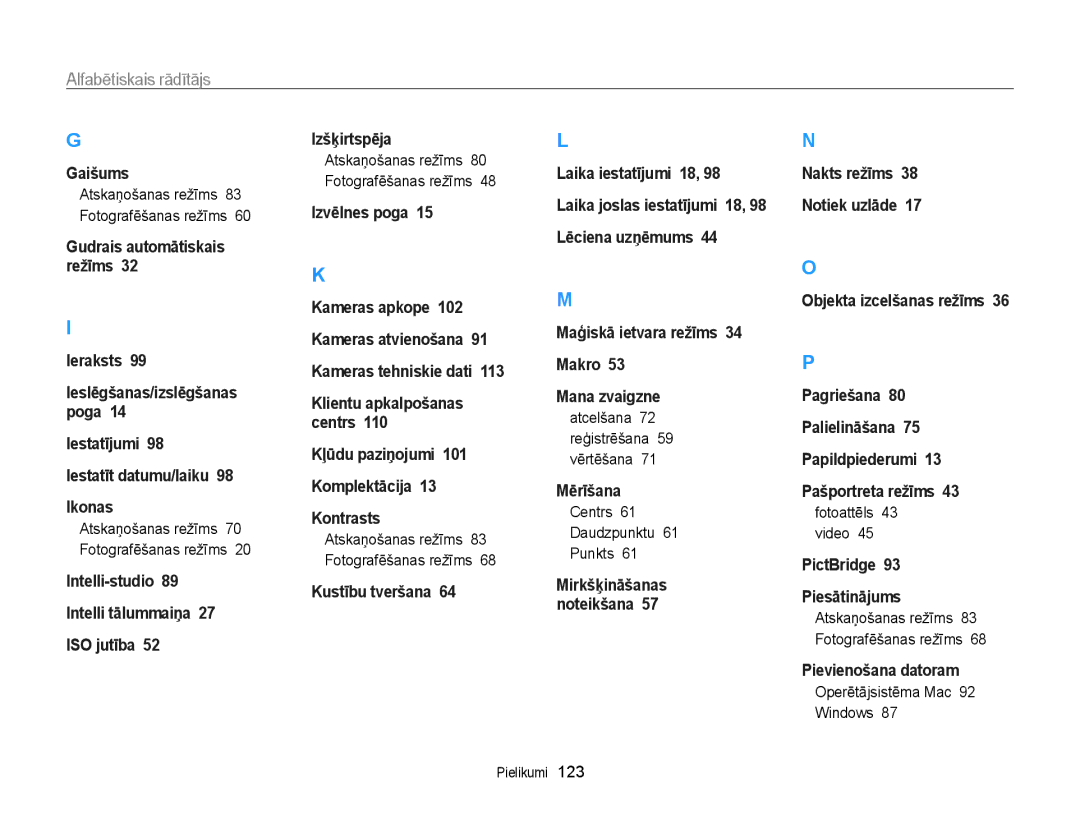 Samsung EC-PL120ZBPBE2 manual Alfabētiskais rādītājs, Atcelšana 72 reģistrēšana 59 vērtēšana, Centrs Daudzpunktu Punkts 