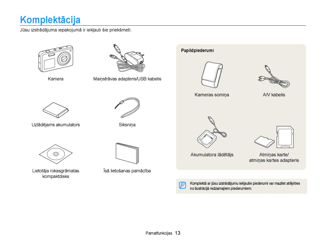 Samsung EC-PL120ZBPBE2, EC-PL20ZZBPSE2, EC-PL210ZBPBE2, EC-PL20ZZBPBE2, EC-PL120ZFPBE2 manual Komplektācija, Papildpiederumi 