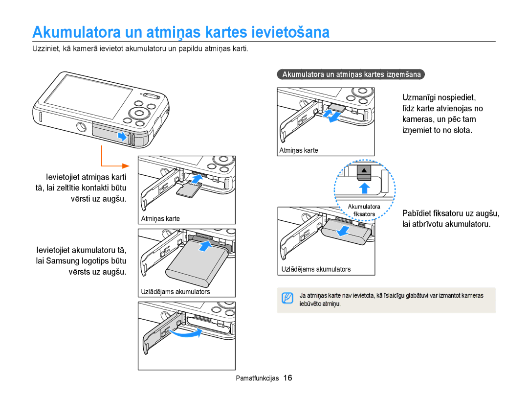 Samsung EC-PL20ZZBPBE2, EC-PL20ZZBPSE2, EC-PL210ZBPBE2 manual Akumulatora un atmiņas kartes ievietošana, Uzmanīgi nospiediet 