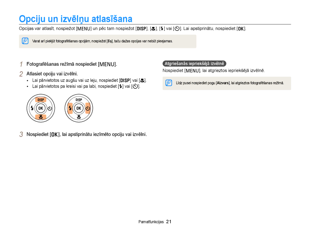 Samsung EC-PL20ZZBPBE2 manual Opciju un izvēlņu atlasīšana, Nospiediet o, lai apstiprinātu iezīmēto opciju vai izvēlni 