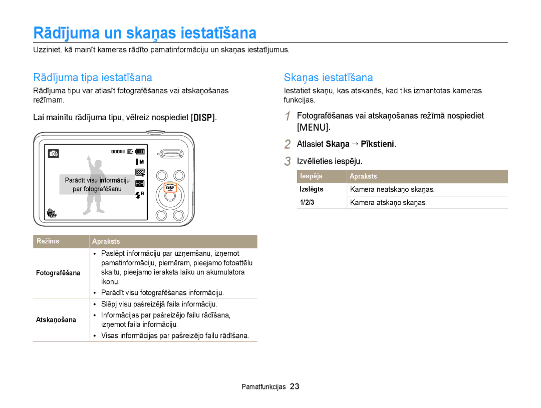 Samsung EC-PL120ZBPBE2, EC-PL20ZZBPSE2 manual Rādījuma un skaņas iestatīšana, Rādījuma tipa iestatīšana, Skaņas iestatīšana 