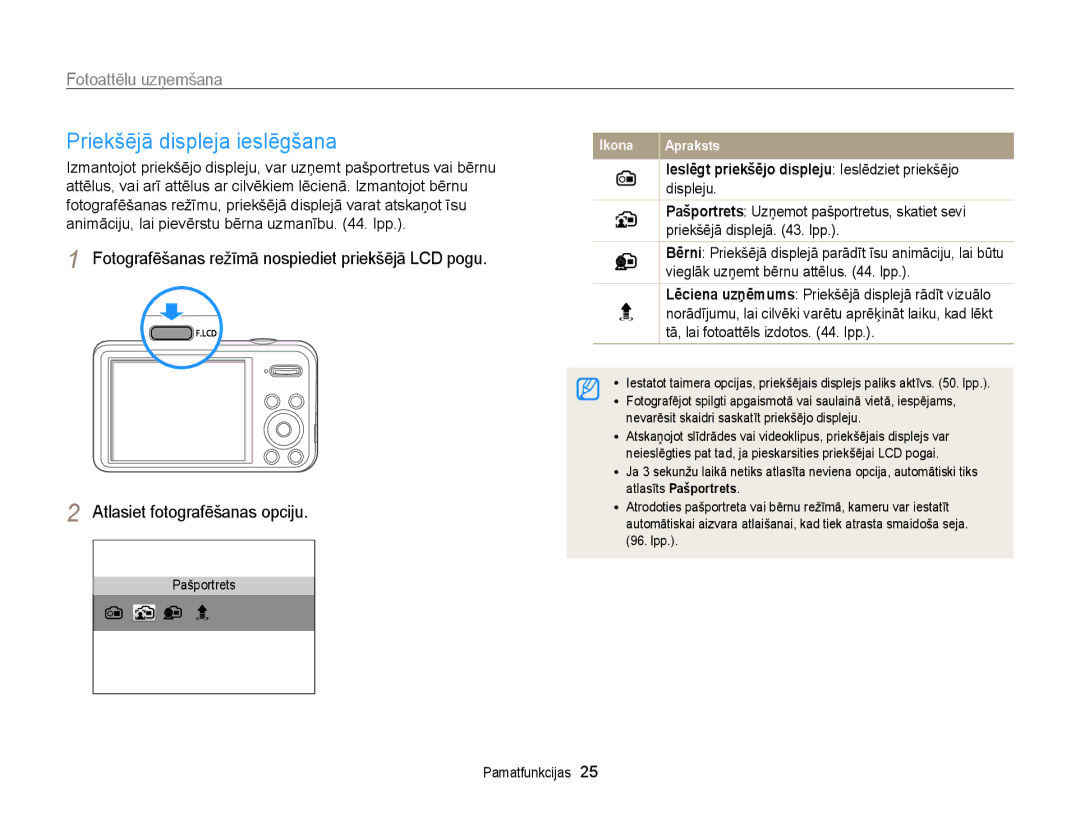 Samsung EC-PL210ZBPBE2, EC-PL20ZZBPSE2, EC-PL20ZZBPBE2, EC-PL120ZFPBE2 Priekšējā displeja ieslēgšana, Fotoattēlu uzņemšana 