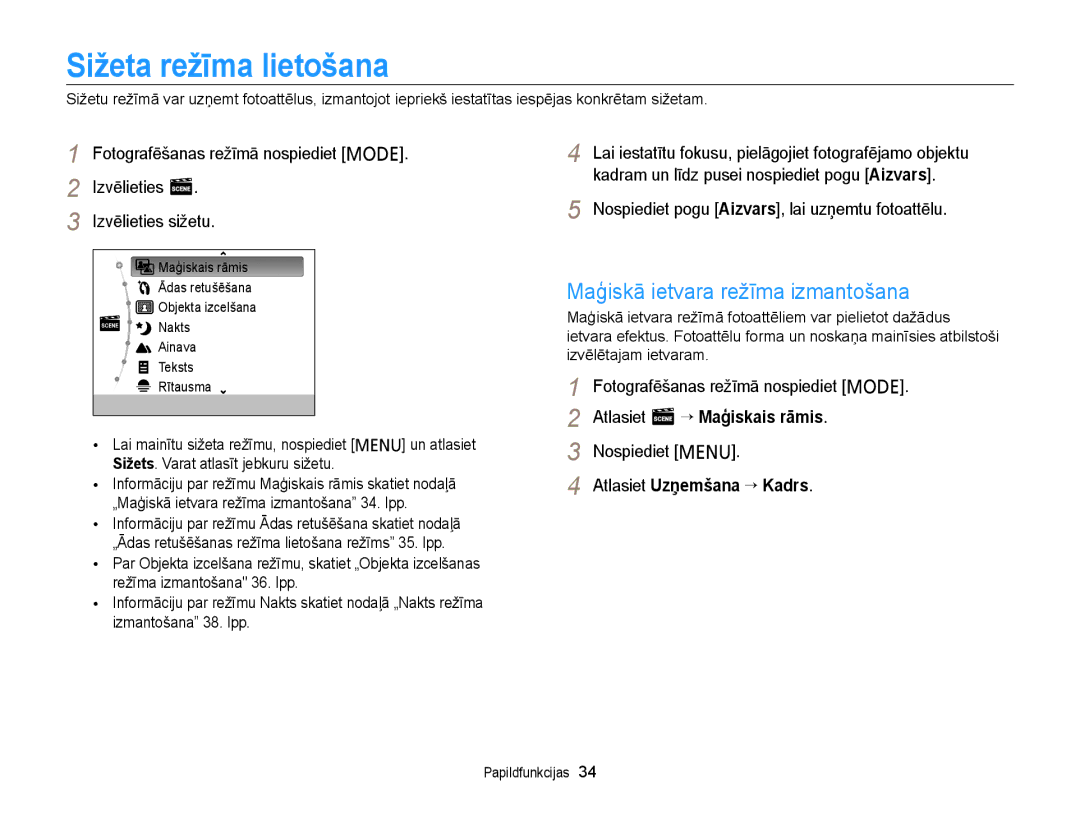 Samsung EC-PL20ZZBPSE2 manual Sižeta režīma lietošana, Maģiskā ietvara režīma izmantošana, Atlasiet Uzņemšana “ Kadrs 