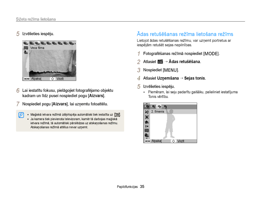 Samsung EC-PL210ZBPBE2 Ādas retušēšanas režīma lietošana režīms, Sižeta režīma lietošana, Atlasiet Uzņemšana “ Sejas tonis 