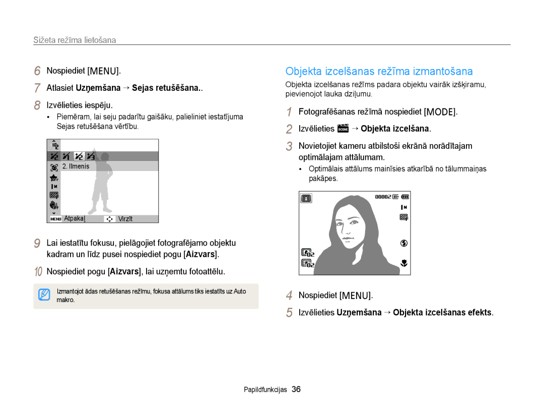 Samsung EC-PL20ZZBPBE2 Objekta izcelšanas režīma izmantošana, Atlasiet Uzņemšana “ Sejas retušēšana. Izvēlieties iespēju 