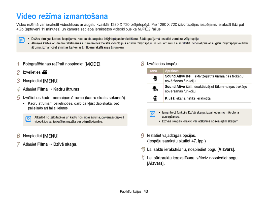 Samsung EC-PL210ZBPBE2 manual Video režīma izmantošana, Fotografēšanas režīmā nospiediet M Izvēlieties Nospiediet m 