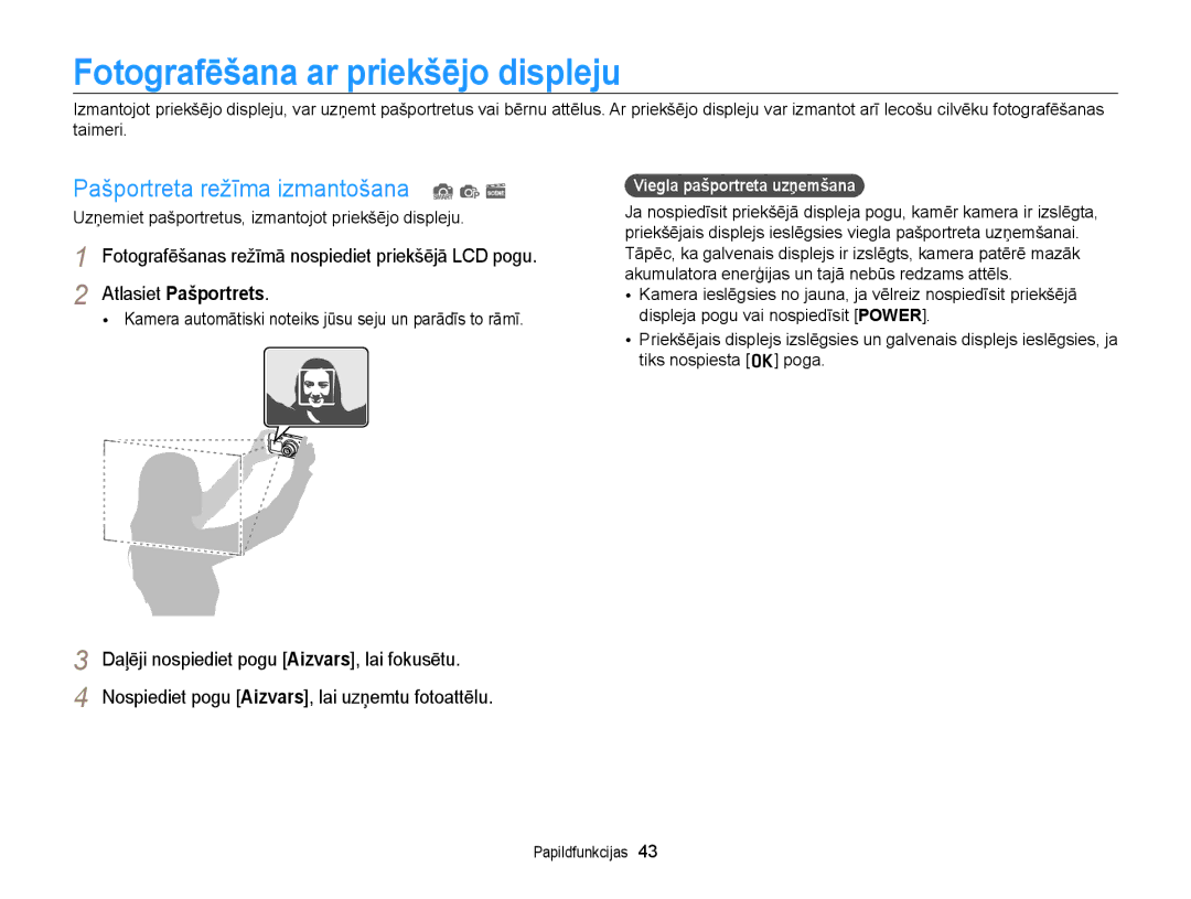 Samsung EC-PL120ZBPBE2, EC-PL20ZZBPSE2 manual Fotografēšana ar priekšējo displeju, Pašportreta režīma izmantošana S p s 