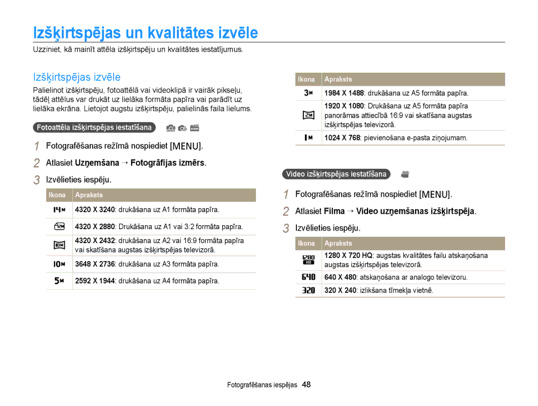 Samsung EC-PL120ZBPBE2 manual Izšķirtspējas un kvalitātes izvēle, Izšķirtspējas izvēle, Video izšķirtspējas iestatīšana 