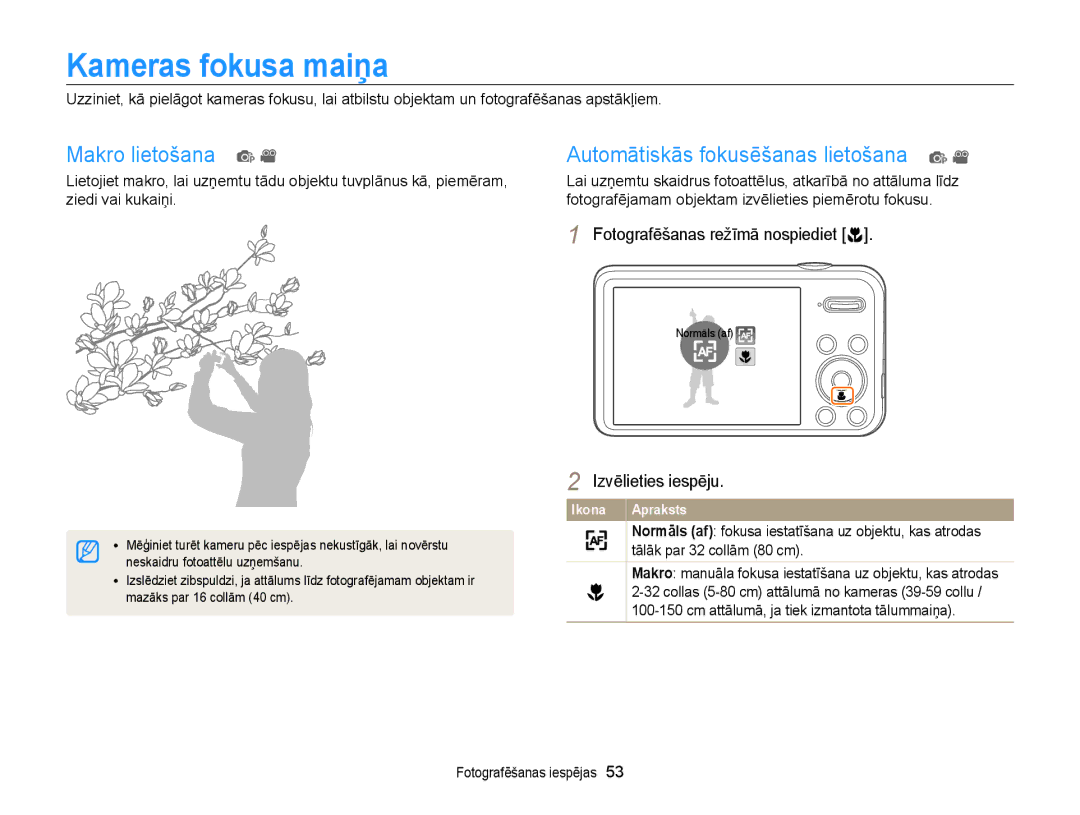 Samsung EC-PL120ZBPBE2, EC-PL20ZZBPSE2 manual Kameras fokusa maiņa, Makro lietošana p Automātiskās fokusēšanas lietošana p 