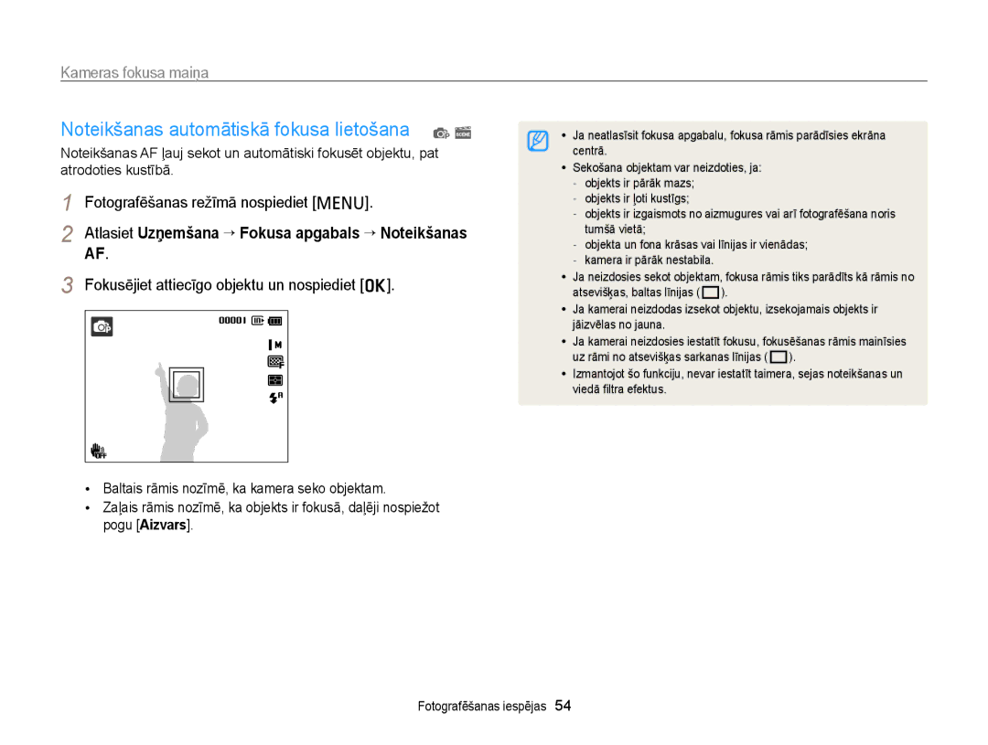 Samsung EC-PL20ZZBPSE2, EC-PL210ZBPBE2 manual Kameras fokusa maiņa, Atlasiet Uzņemšana “ Fokusa apgabals “ Noteikšanas AF 