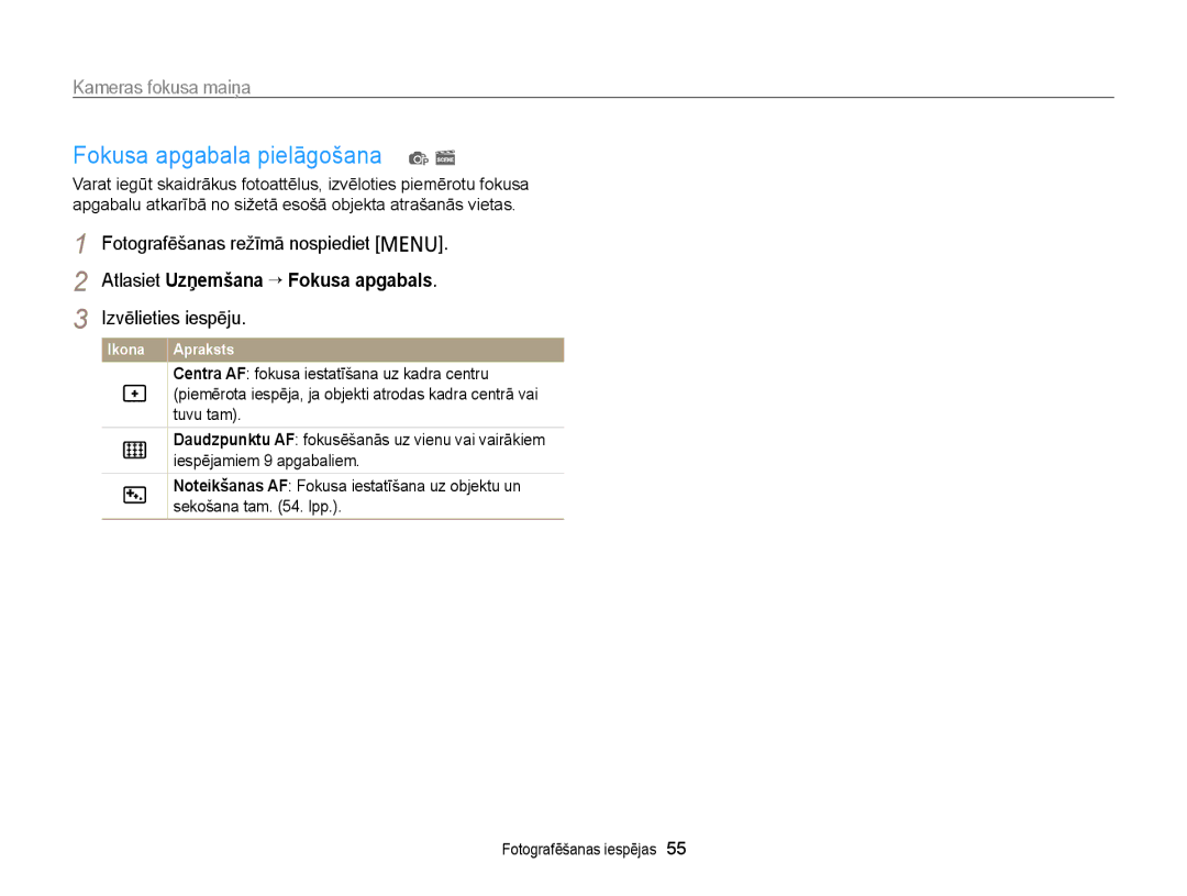 Samsung EC-PL210ZBPBE2, EC-PL20ZZBPSE2, EC-PL20ZZBPBE2, EC-PL120ZFPBE2, EC-PL120ZBPBE2 manual Fokusa apgabala pielāgošana p s 