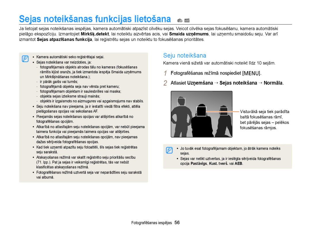 Samsung EC-PL20ZZBPBE2, EC-PL20ZZBPSE2, EC-PL210ZBPBE2 manual Sejas noteikšanas funkcijas lietošana p s, Seju noteikšana 