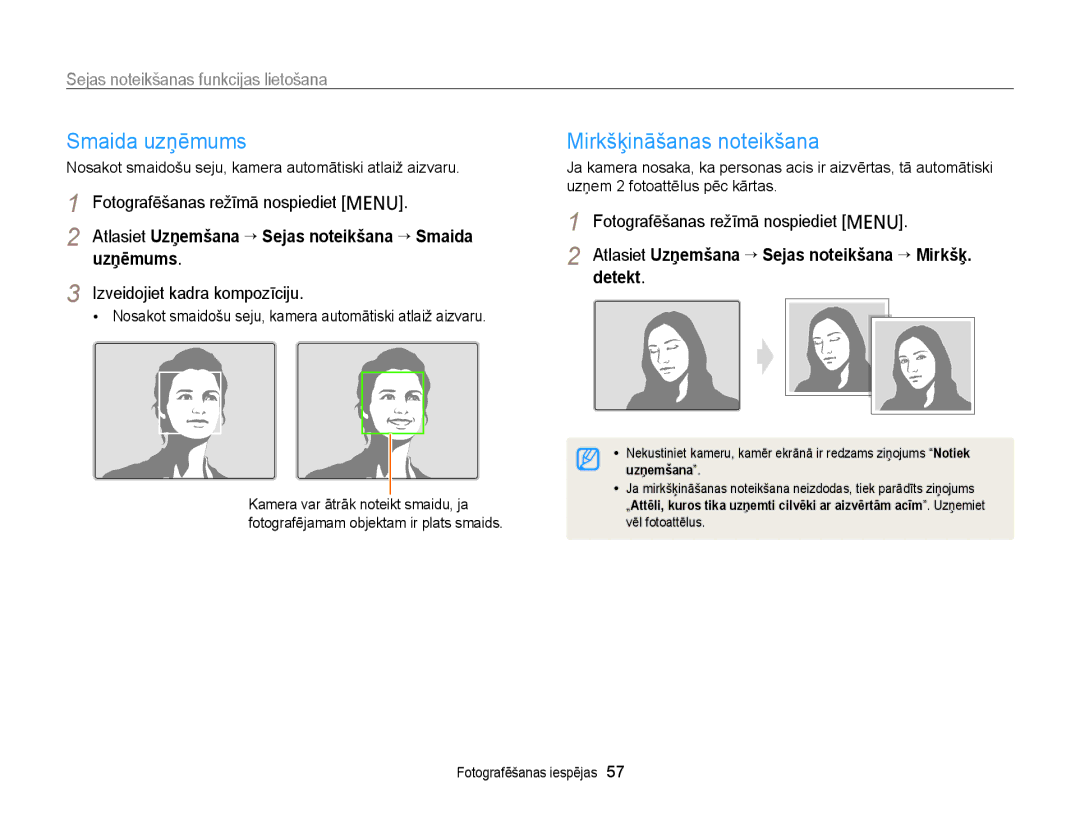 Samsung EC-PL120ZFPBE2, EC-PL20ZZBPSE2 Smaida uzņēmums, Mirkšķināšanas noteikšana, Sejas noteikšanas funkcijas lietošana 